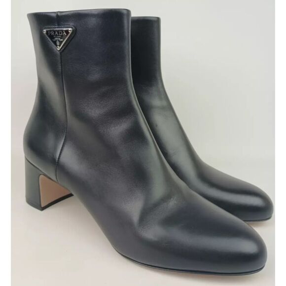 Prada Women's Black Leather Logo Block Heel Ankle Bootie Size 38 $1590+ - Picture 1 of 7